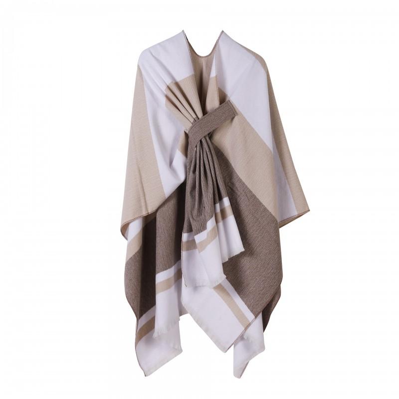 Womens Knitted Faux Cashmere Shawl Wrap With Contrast Stripe Trim Unisex Lightweight Warm Scarf Fall Winter