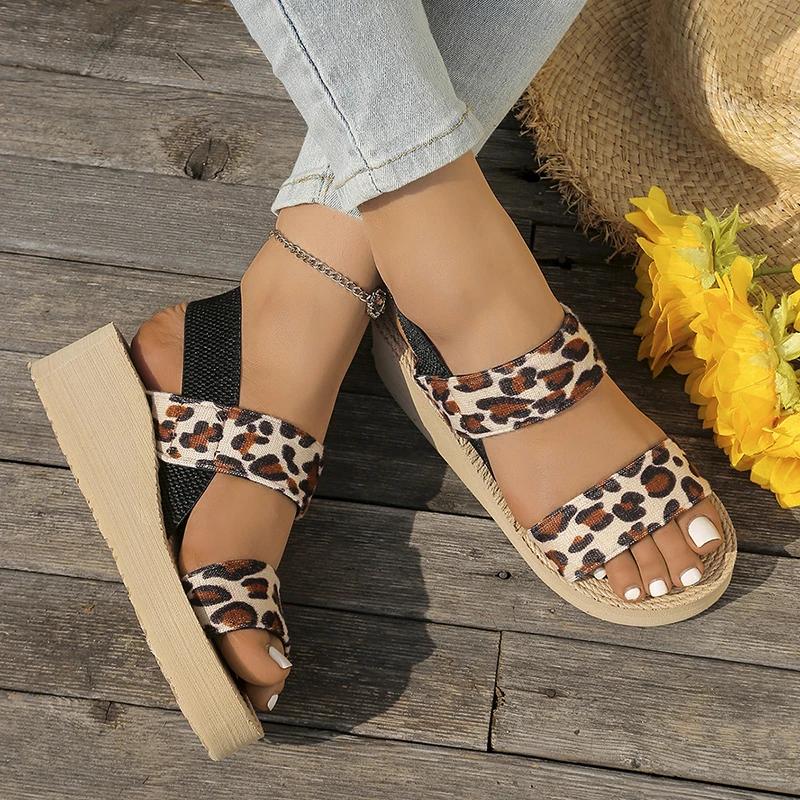 Fashion Fashion Leopard Print Wedge Sandals Women 2025 Summer Comfort Thick Sole Beach Shoes Woman Lightweight Platform Sandalias Mujer