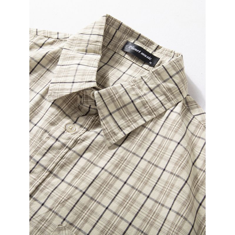 Short-Sleeved Shirt for Men, Summer Trendy Japanese Retro Plaid Cotton Top, Loose Wide-Fit Artistic Half-Sleeve Shirt