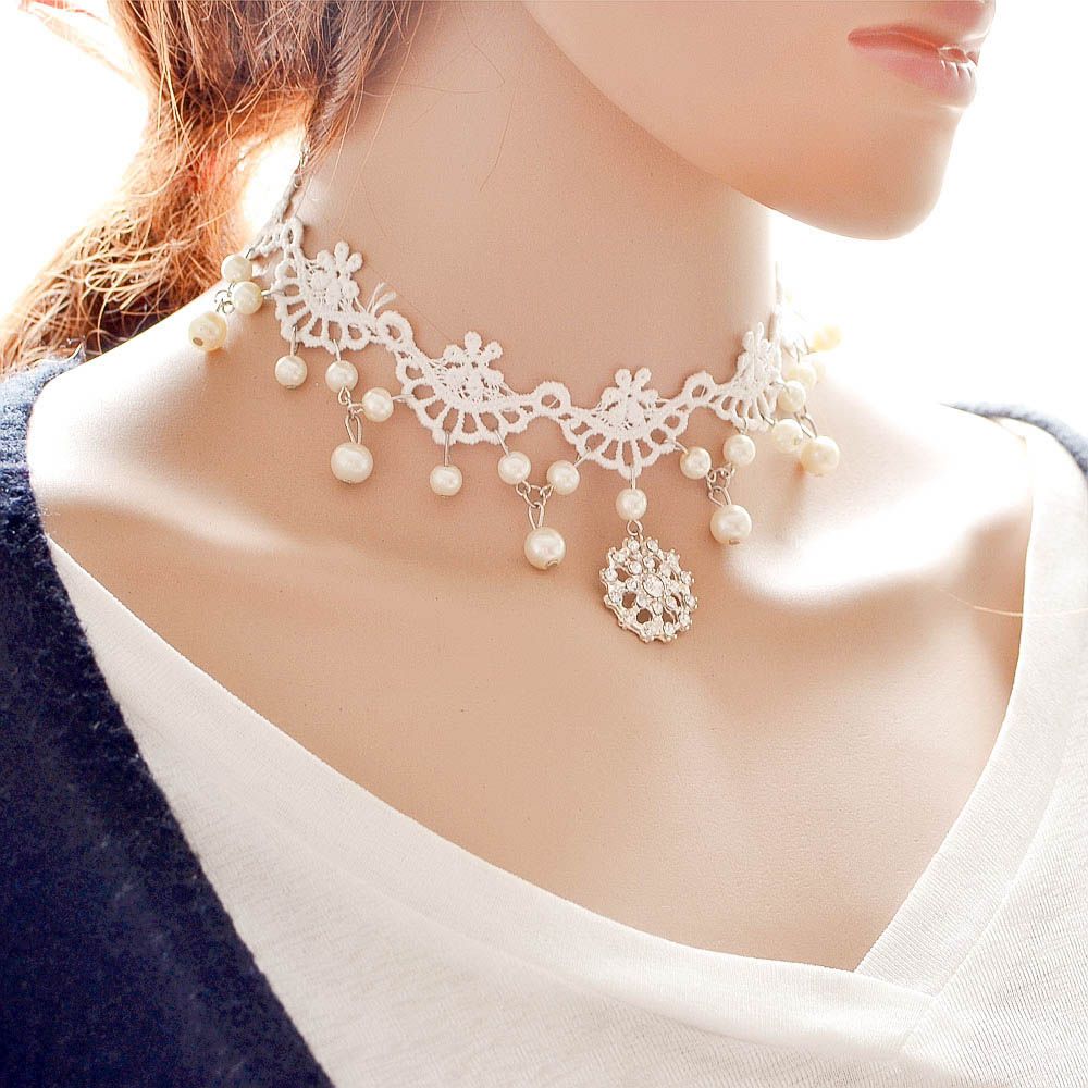 Women's Dangle Girl Flower Lace Collar Gift Gothic Jewelry White Beads Necklace Choker