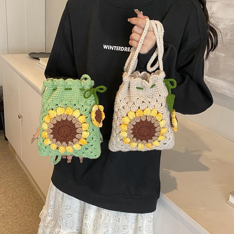 Handmade Crochet Sunflower Phone Crossbody Bag For Women, Cute Knitted Lightweight Cell Phone Purse Drawstring Pouch For Daily Commute