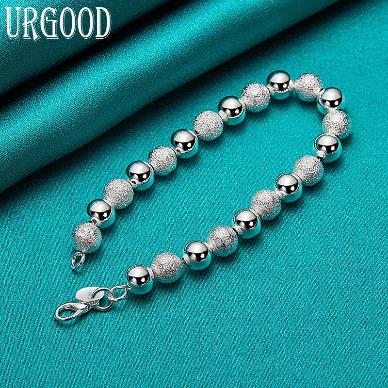 925 Sterling Silver 8mm Frosted Beaded Chain Bracelet Romantic Jewelry