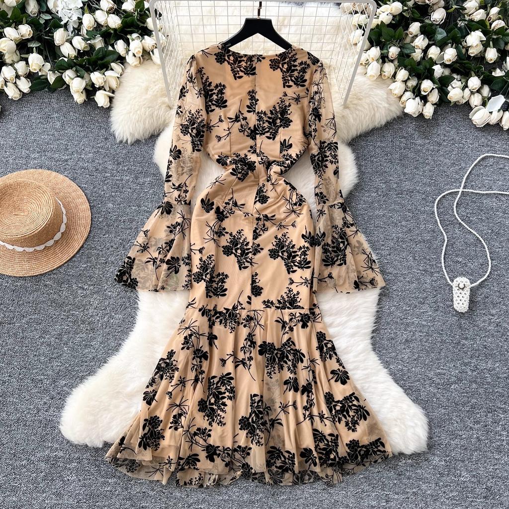 Summer Elegant Embroidery Flower Mermaid Evening Party Dress Women Long Flare Sleeve Cup Padded V Neck One Piece Mesh Folds Prom Robe