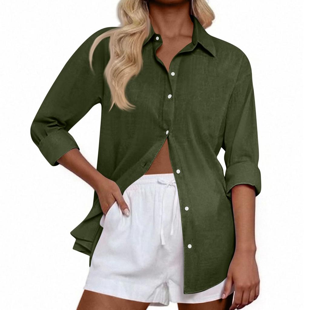 Women's Casual Color Tops Long Sleeve Button Loose Breathable Shirt
