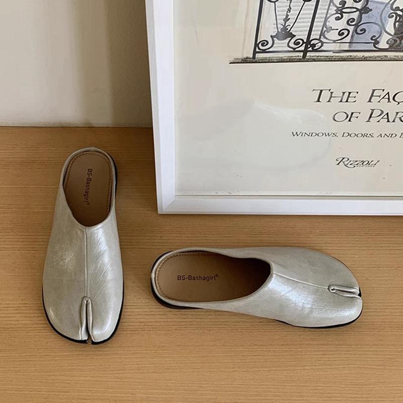 Fashion SUOJIALUN 2025 Spring New Women Slipper Fashion Flat Heel Slip On Mules Shoes  Split Toe Shallow Slip On Casual Slides Shoes