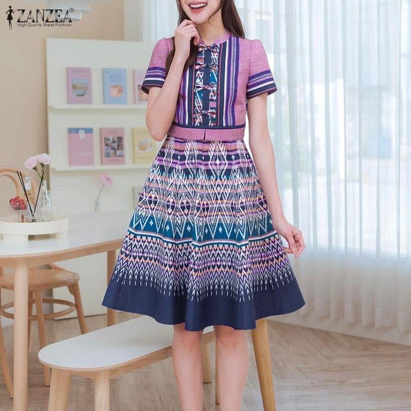 ZANZEA Women Stand Collar Casual Short Sleeve Retro Print A-line Dress