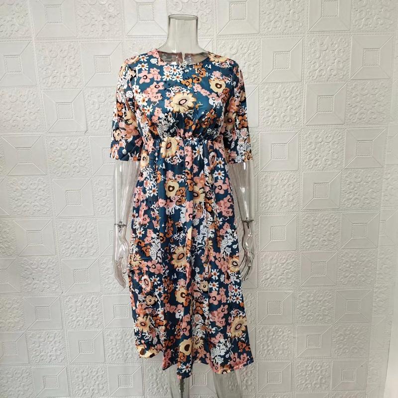 Rochie de damă cu imprimeu floral la modă, mărime mare, buzunar de vară, vintage, lejer, rochii casual pentru femei, elegantă, simplă, cu gât rotund, rochie de damă de birou 24258