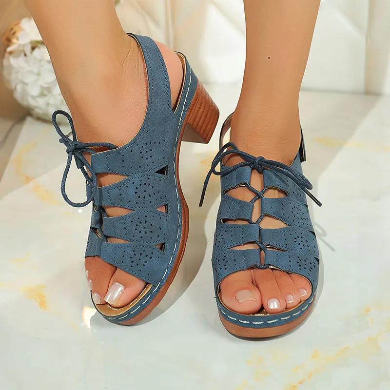 Retro Cross Tied High Heel Sandals Women Plus Size Thick Sole Non Slip Slippers Summer Hollow Comfort Chunky Platform Beach Shoe