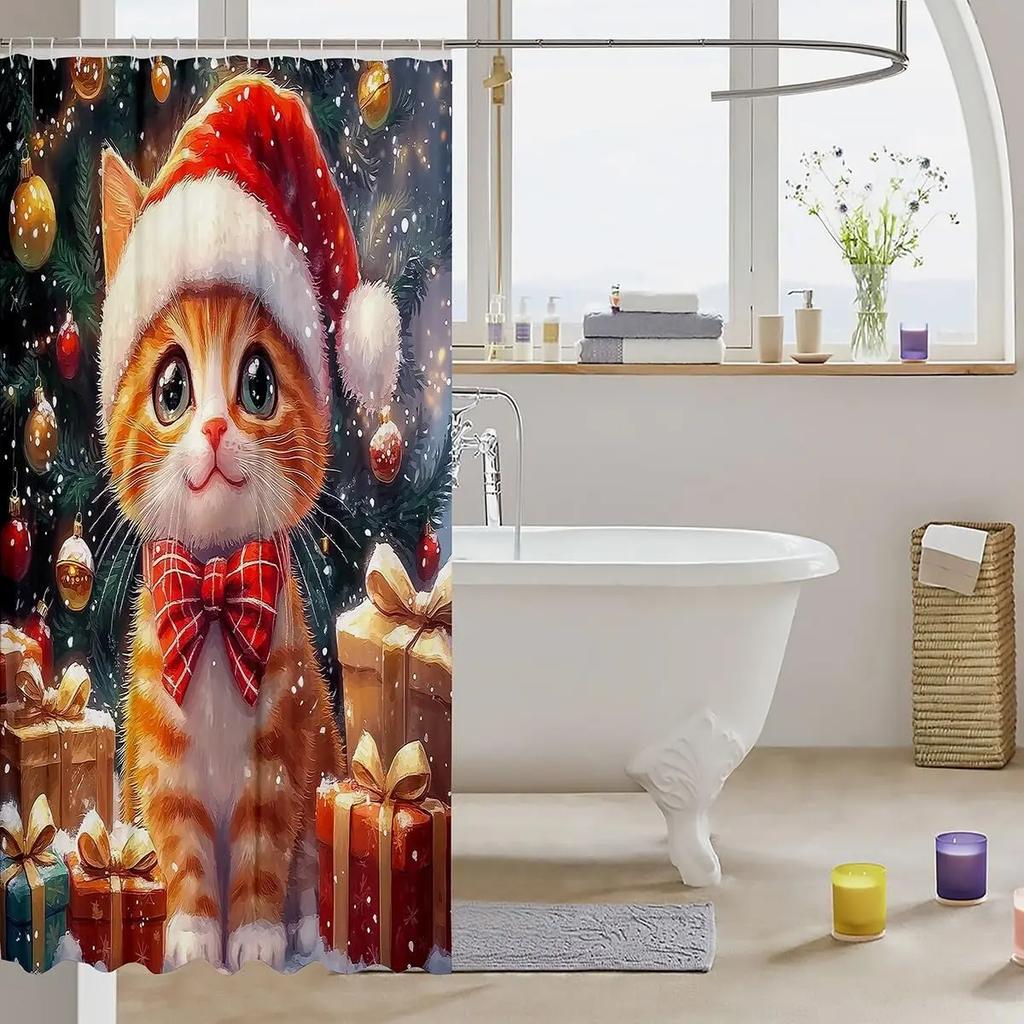 3DCute Cat Shower Curtain Christmas New Year Theme Bathroom Curtains for Kids Boys Girls Teens Lovely Kitty Decor Winter Holid