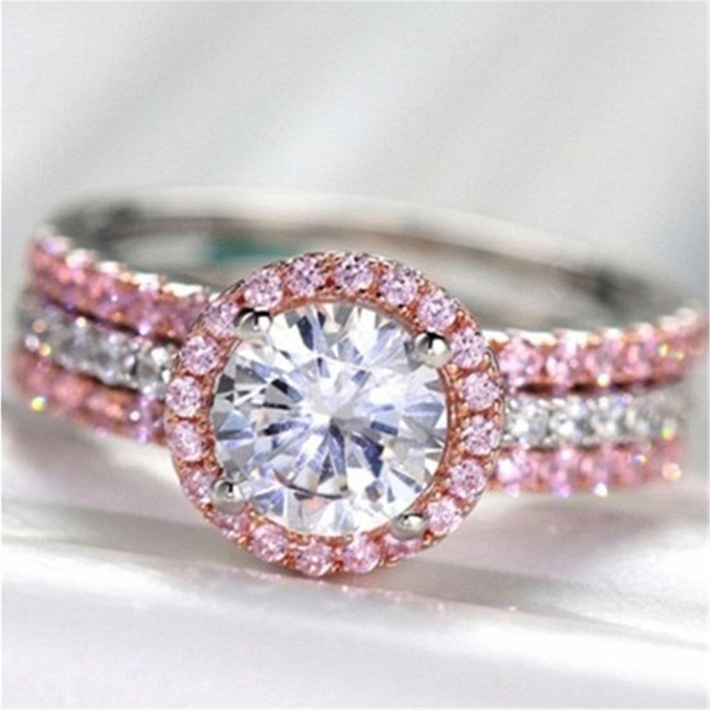 European And American Trend Three -Piece Powder Diamond Ring Female Crystal Vermiculite Hand Ornaments
