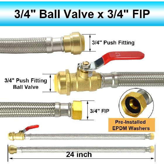 24" Stainless Steel Braided Flexible Water Heater Connector, Push To Connect Brass Plumbing Fitting,3/4" Ball Valve X 3/4" FIP, (2 Pack)