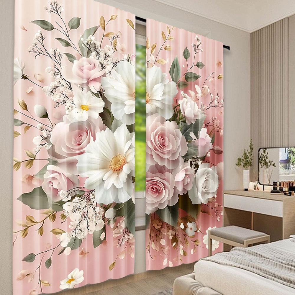 Set Of 2 Floral Curtain Delicate Pink Bouquet Spring Nature Blossoms Romantic Design Suitable Living Room Bedroom Kitchen Polyester Ideal For