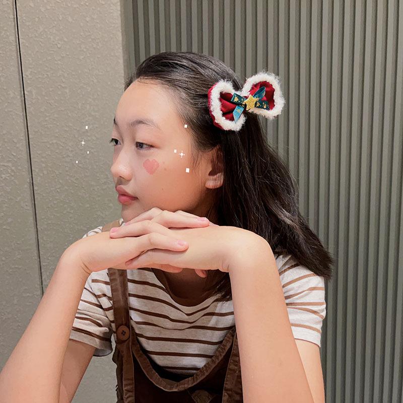 Red Bow Pom Pom Hair Clip Duckbill Christmas Headband for Kids