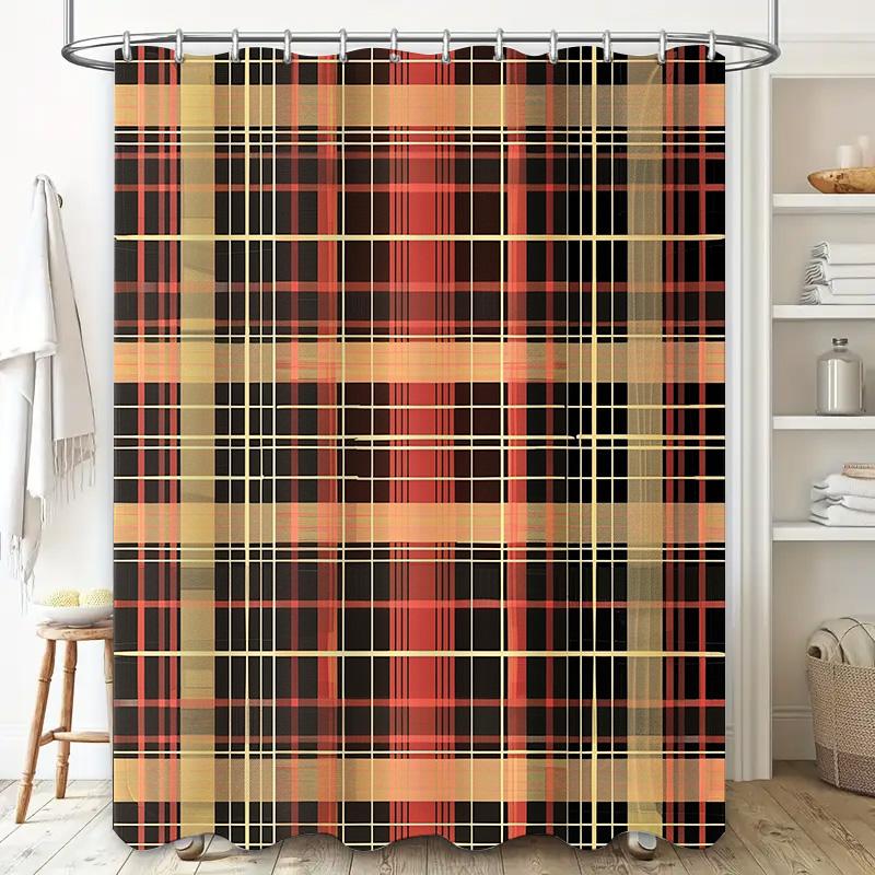 Orange Checkered Shower Curtain Waterproof Fabric Bath Mat Decorative Bathroom Accessories Set Home Supplies