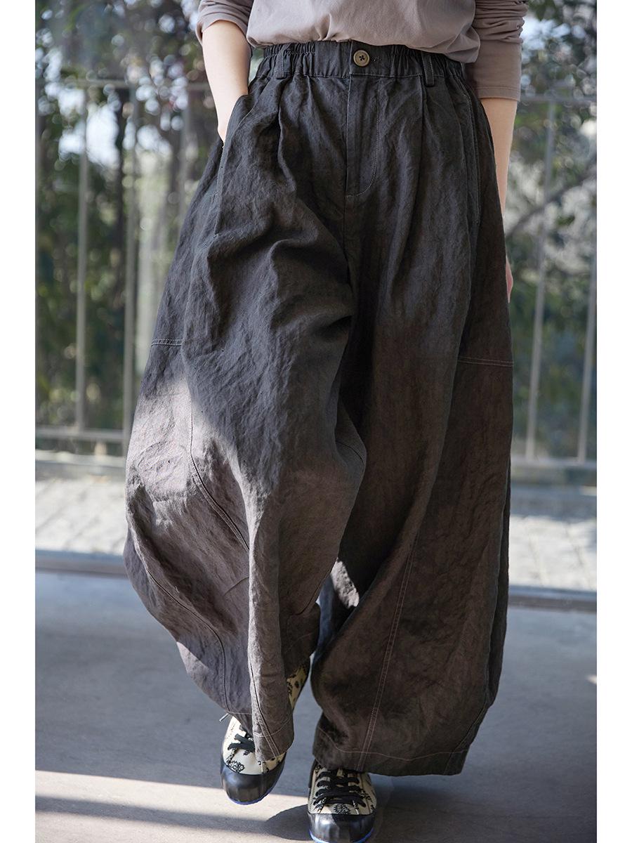 Women s Dark Gray Retro Linen Wide-Leg Pants with Elastic Waist, Plus Size M
