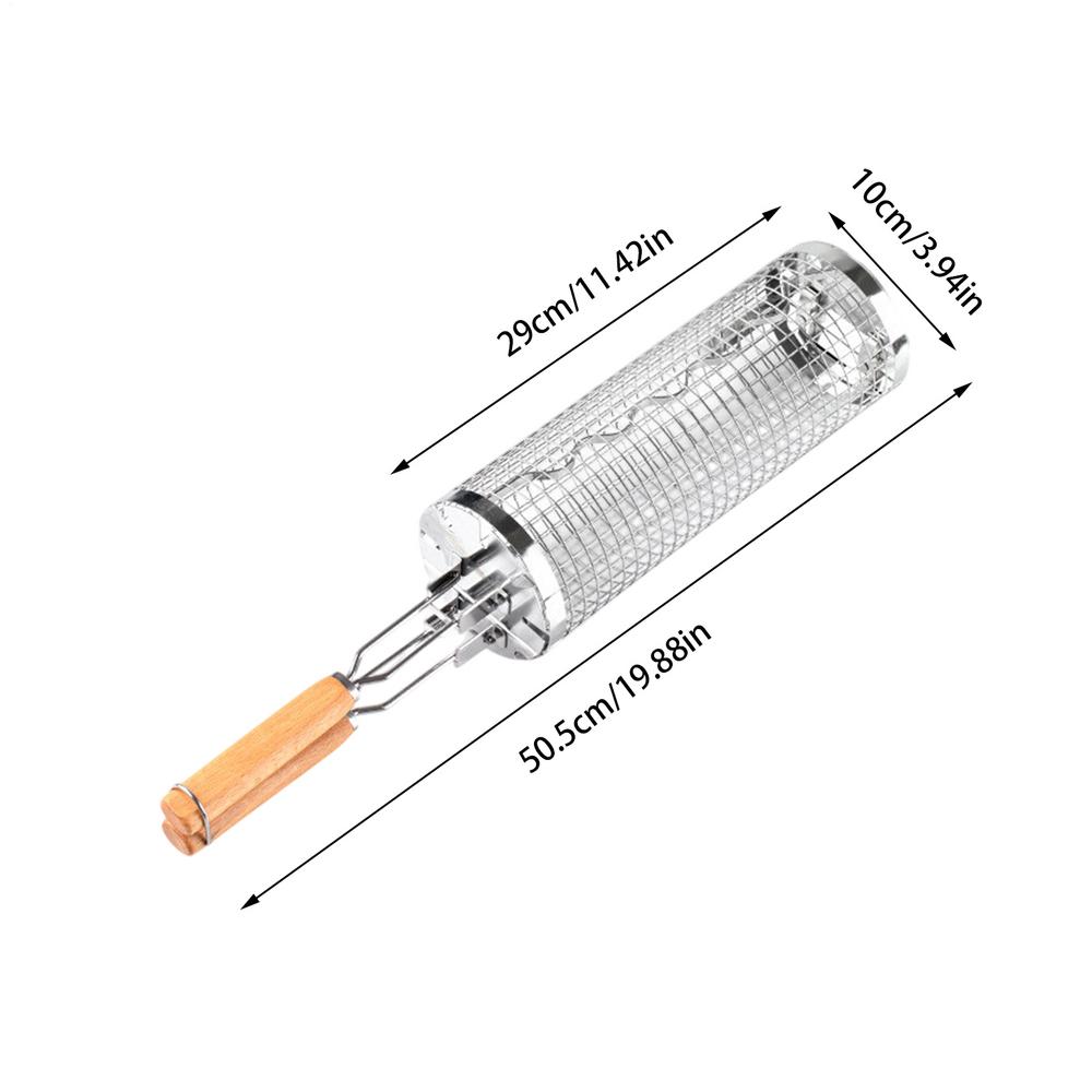 Grill Baskets for Outdoor Grill Stainless Steel Rolling Grilling Basket Portable Outdoor Camping BBQ Rack with Wood Handle