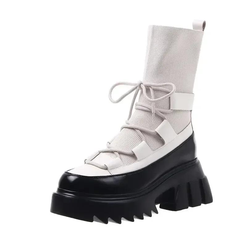 sales Black Wedges Platform Sock Boot Woman Fashion Lace Up High Heels Shoes Elastic Knitting Chunky Ankle Boots for Women