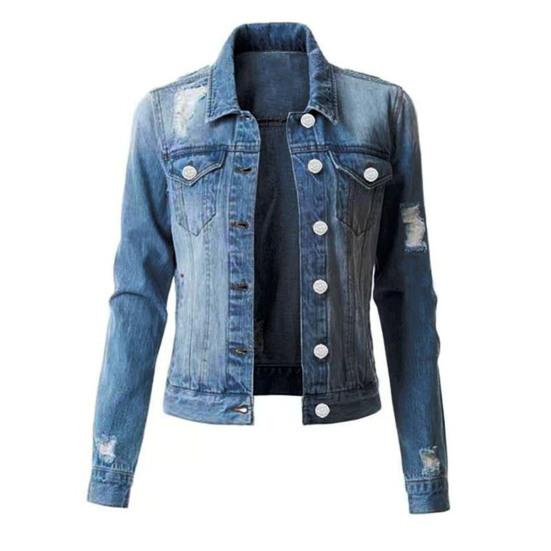 Giacca da donna Colletto rovesciato Manica lunga Monopetto Bottoni tinta unita Cappotto da donna in denim sciolto strappato Hip Hop Streetwear