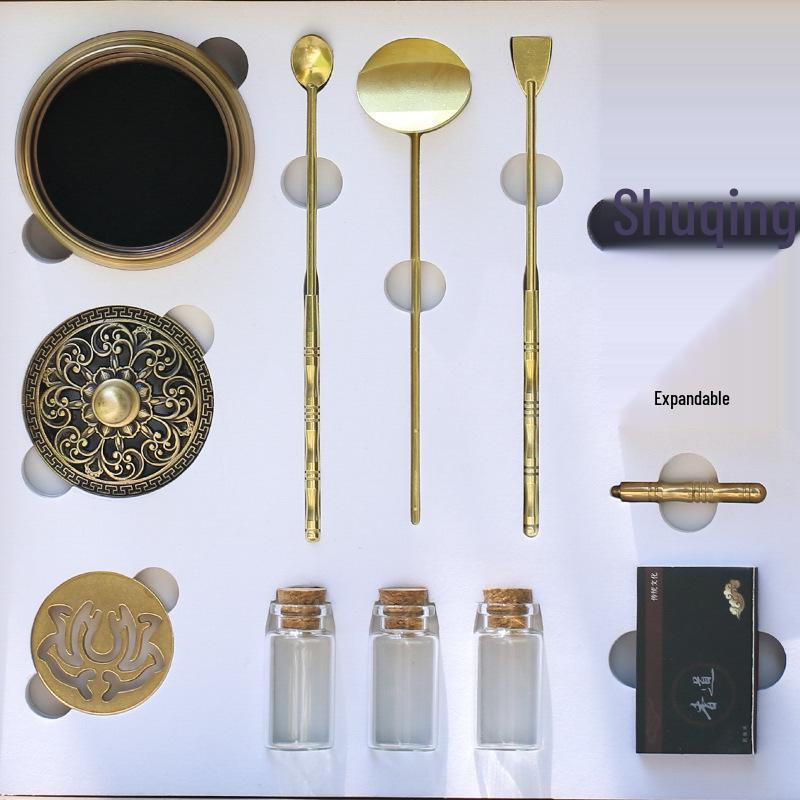 Yellow Brass Incense Ceremony Tool Set with Incense Seal and Burner