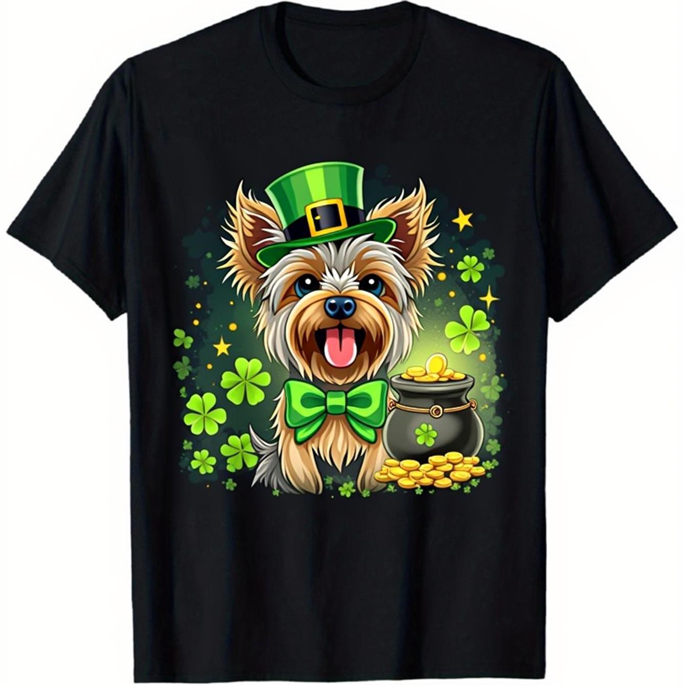 

Yorkie St Patrick s Day Dog Lovers Graphic T-Shirt Men Casual Short Sleeve Irish Clover Pot of Gold Tee 4XL