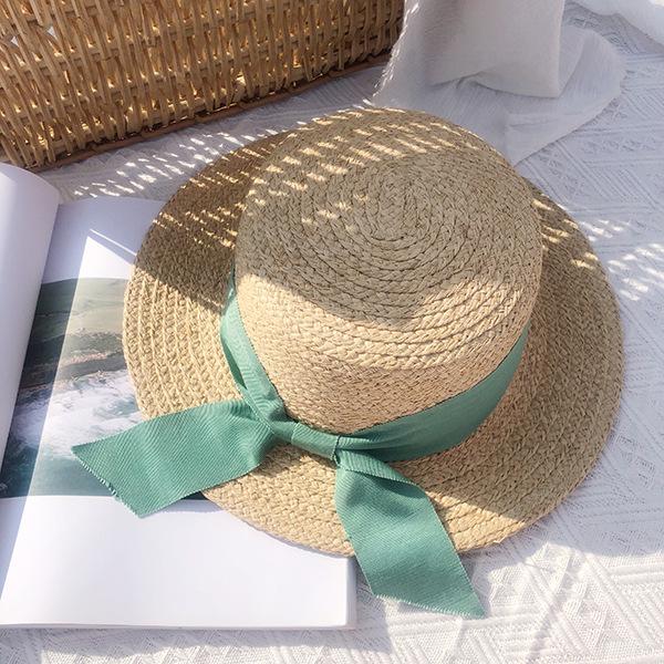 British Hepburn Style Bow Lafite Straw Hat Flat Top Vacation Vacation Beach Hat Women's Summer Top Hat
