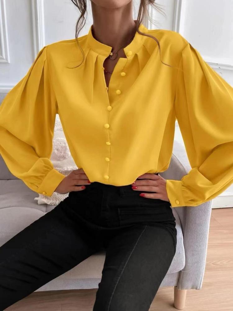 Button Up Elegant Women's Long Sleeve Solid Color Loose Fit Lapel Shirt