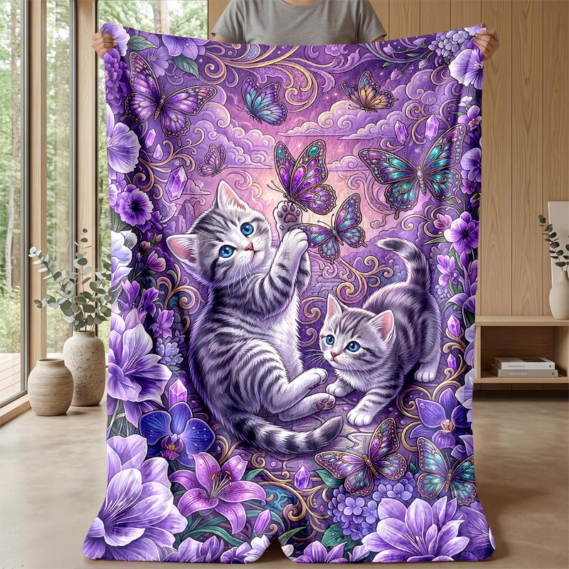 Butterflies and Kittens Garden blanket Personalized Name Flannel Blanket Soft Cozy Plush Throw for Sofa Bed Lightweight Home Decor