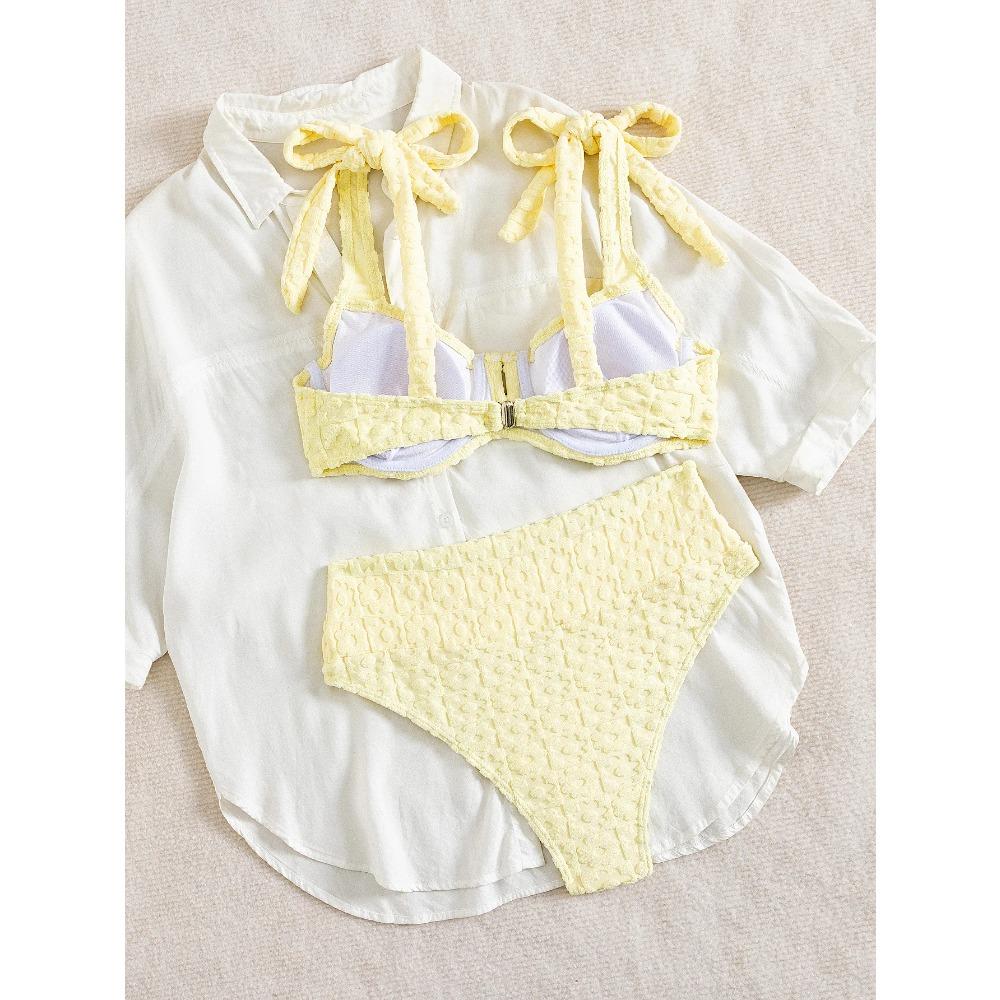 Sexy yellow bikini set 2025 women tie strap push up underwire high wiast swimsuit summer bathing suit two piece swimwear biquini