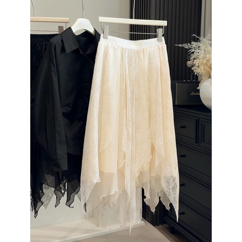 Irregular Cut Lace Splicing Puffy Skirt Women's Spring New High Waist A Word Loose Big Swing Umbrella Skirt