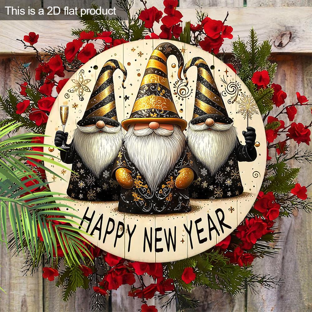 Celebrate The New Year Wooden Ornament with Gnomes Pattern - Happy New Year Round Sign for Front Door, Wall Hanging Decor