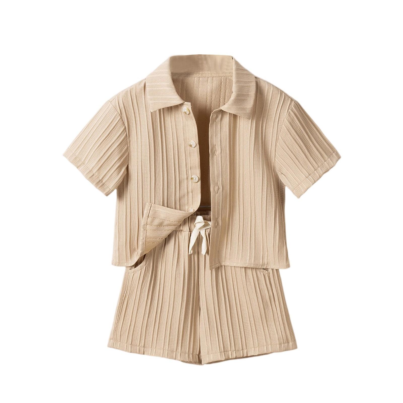 

Комплект для девочек в стиле колор-блок - Полосатый топ без рукавов и шорты 90 хаки