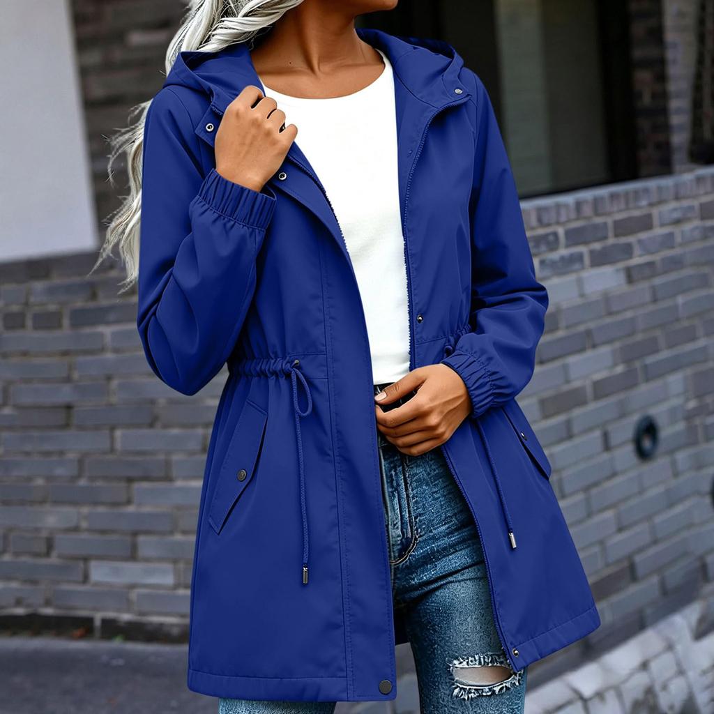 Damen Kapuzenjacke Mittellang Lässiger Lockerer Schnitt Windbreaker Mantel mit Verstellbarem Bundzug und Druckknopfleiste vorne