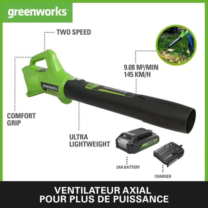 Souffleur à Batterie - Greenworks - G24ABIIK2 - 145 km/h - 24V - Compact et Léger