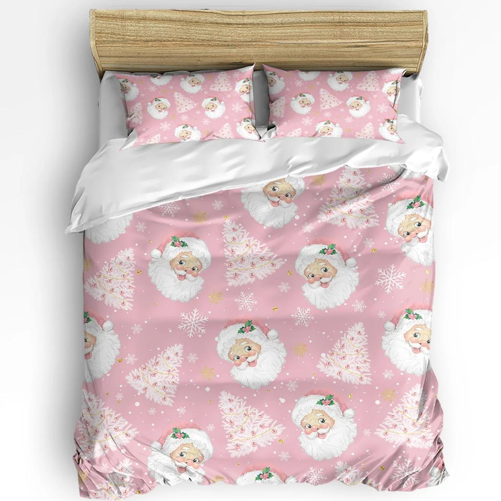 Natal Papai Noel Flocos de Neve Listras Rosa Conjunto de Cama 3 Peças Para Cama de Casal Têxtil Lar Capa de Edredom Capa de Colcha Fronha
