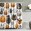 Spooky Halloween Bath Shower Curtain with Pumpkins, Ghosts Cats for Home Decor Black and Orange Color Watercolor Design (Size69x
