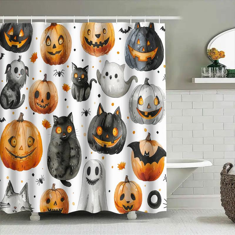 Spooky Halloween Bath Shower Curtain with Pumpkins, Ghosts Cats for Home Decor Black and Orange Color Watercolor Design (Size69x