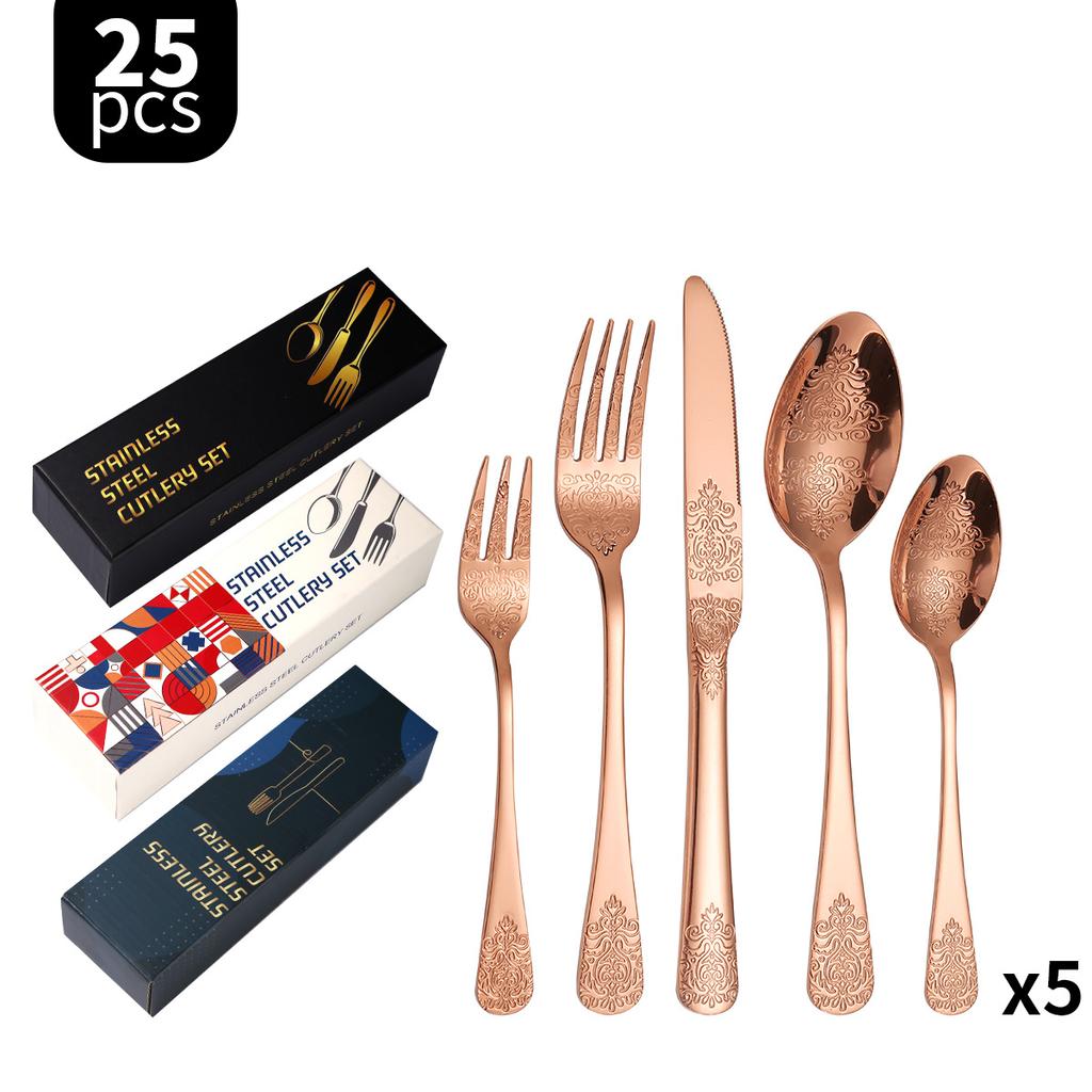Double-Headed Flower Pattern Tableware Knife, Fork and Spoon 430 Stainless Steel Advanced Western Tableware 5 Main Pieces Suit
