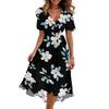 Women V Neck Short Sleeve Floral Print Dress Casual Loose Fit Summer Midi Dress Lightweight Flowing Elegant Style