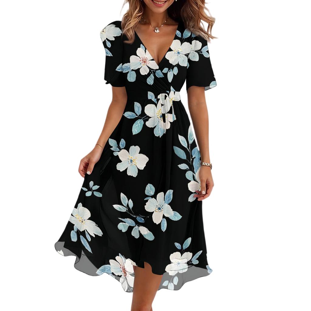 Women V Neck Short Sleeve Floral Print Dress Casual Loose Fit Summer Midi Dress Lightweight Flowing Elegant Style