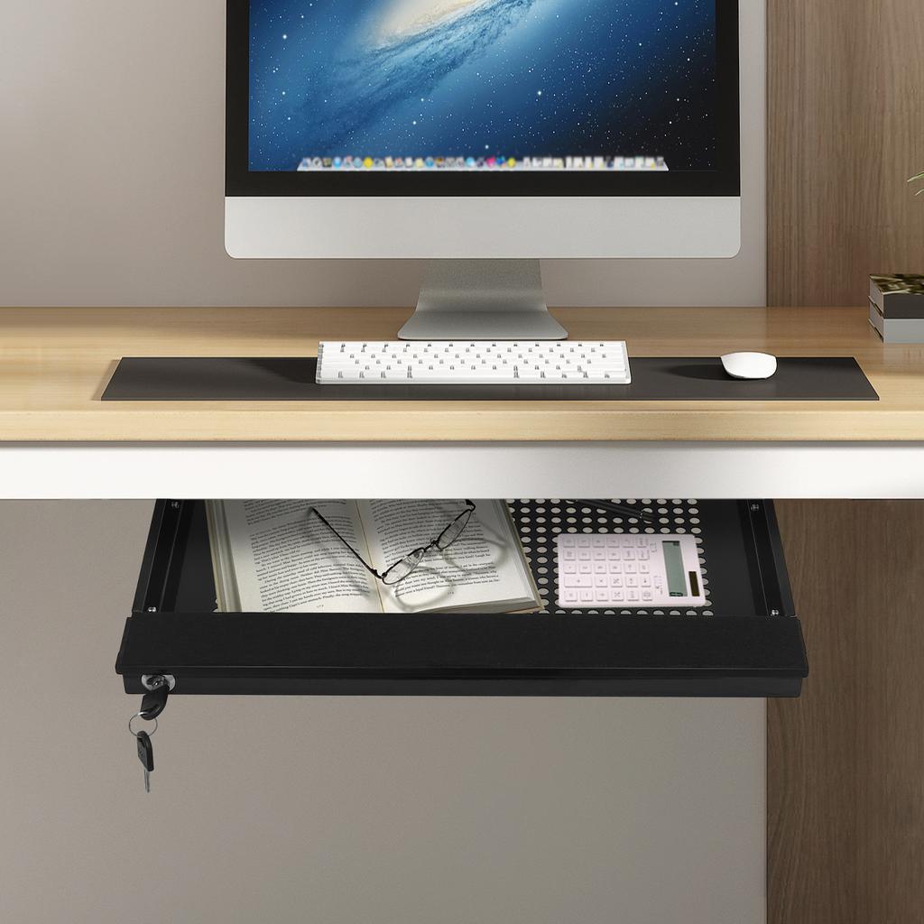 Under Desk Storage Drawer, Black Iron Pull-Out Organizer Tray with Lock & Key, - 4.4 lbs Capacity, Space Saving, Easy Install