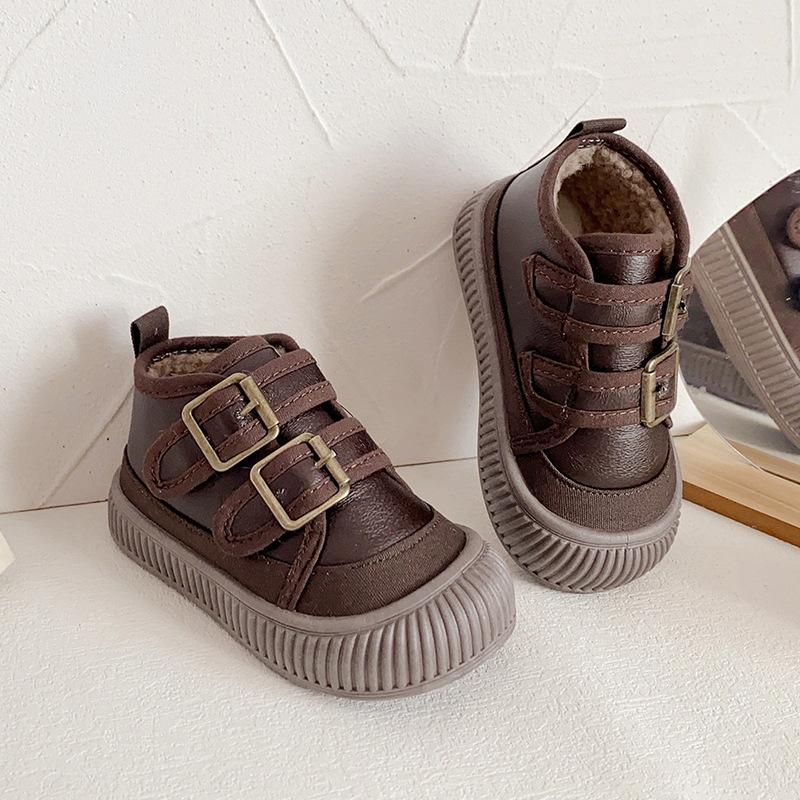 Winter Mid-cut Cotton Shoes for Children, Plus Velvet Soft-soled Casual Shoes for Boys and Girls, Velcro Cotton Shoes