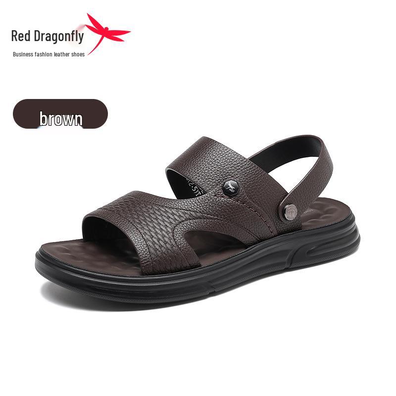Red Dragonfly Men s Genuine Leather Non-slip Summer Sandals - Soft Sole Beach Slippers for Dad 44 коричневый