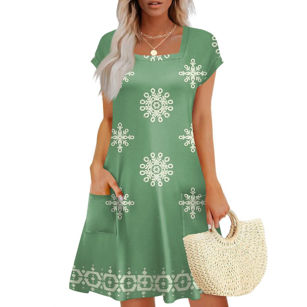 Summer Dresses For Women Loose Square Neck Cap Sleeve Casual Beach Vacation Tshirt Dress Sundresses With Pockets