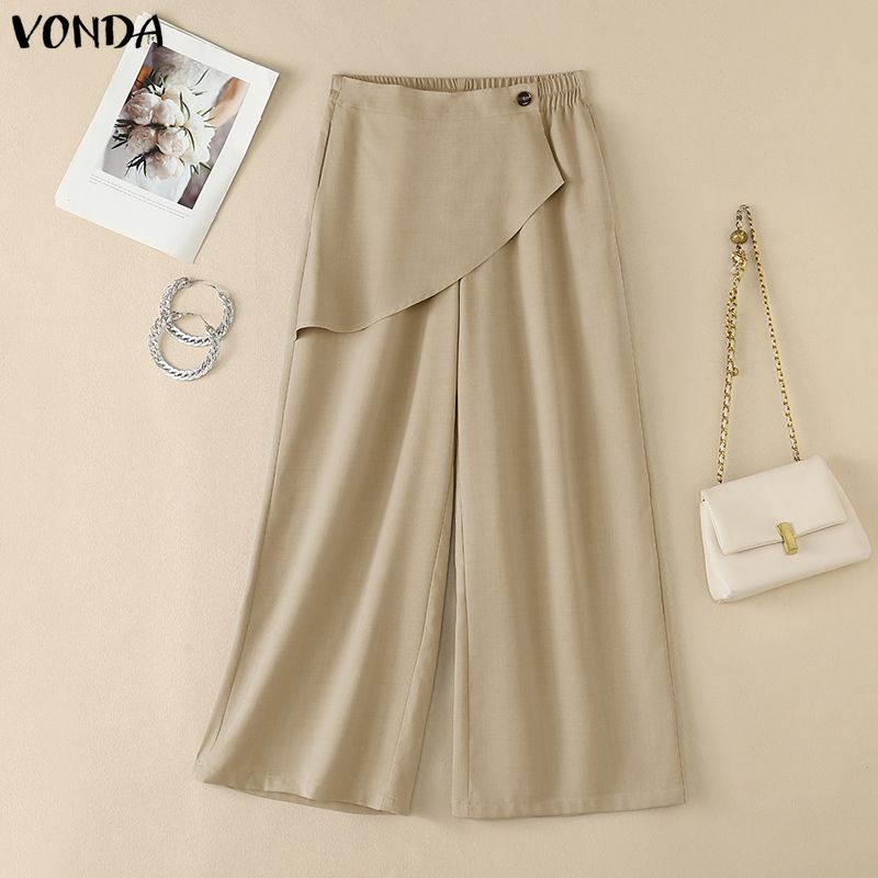 VONDA Womens Casual Asymmetrical Flap Back Elastic High Waisted Wide Leg Trousers Loose Fit Palazzo Pants