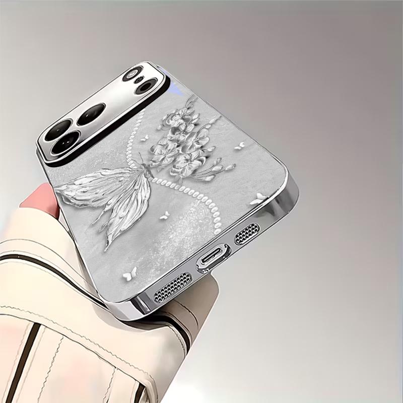 Grey Pearl Butterfly Flower Electroplated Silver Phone Case For iPhone 15 17 16 14 13 12 11 Pro Max Plus 16E 17Air XR 7 8 Cover
