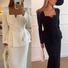 Set 2 Pezzi Cappotto da Donna Gonna Abito Scollo Quadrato Doppio Petto Tinta Unita Manica Lunga Top Gonna Slim Fit Ballo di Fine Anno Abbigliamento da Ufficio per il Lavoro