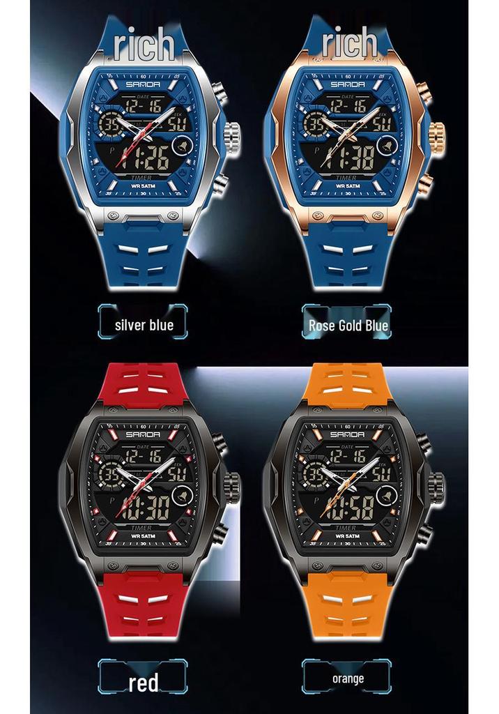 Sanda Dual-Movement Barrel Watch: Luminous Alarm, Large Dial, Multifunctional Student Watch.