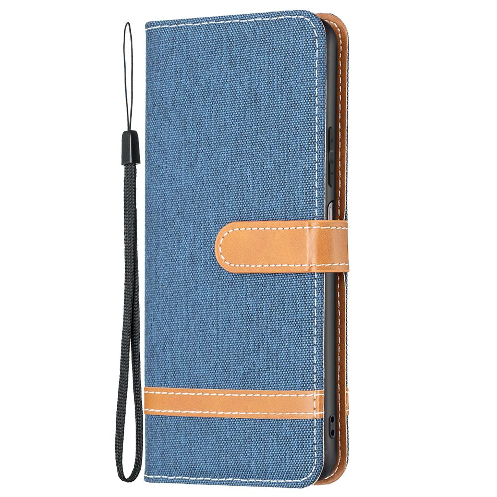 

For Xiaomi Redmi Note 11 4G (Qualcomm) Jeans Cloth Texture Color Splicing Leather Cover Wallet Stand Flip Phone Case Navy Blue
