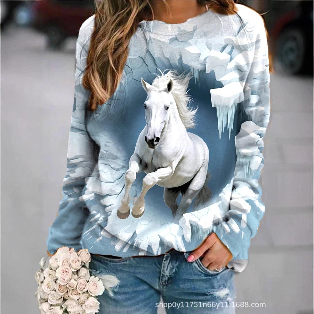 

New 3D animal print fashionable and comfortable women s round neck long sleeved T-shirt S