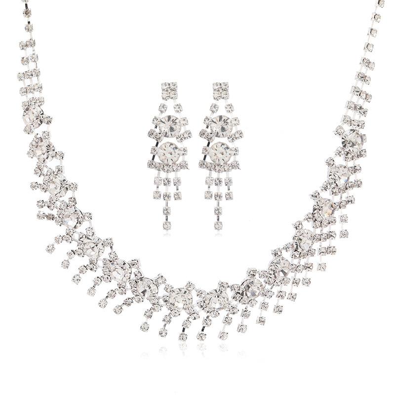Bridal Jewelry Set: European & American Style White Crystal Rhinestone Necklace and Earring Set